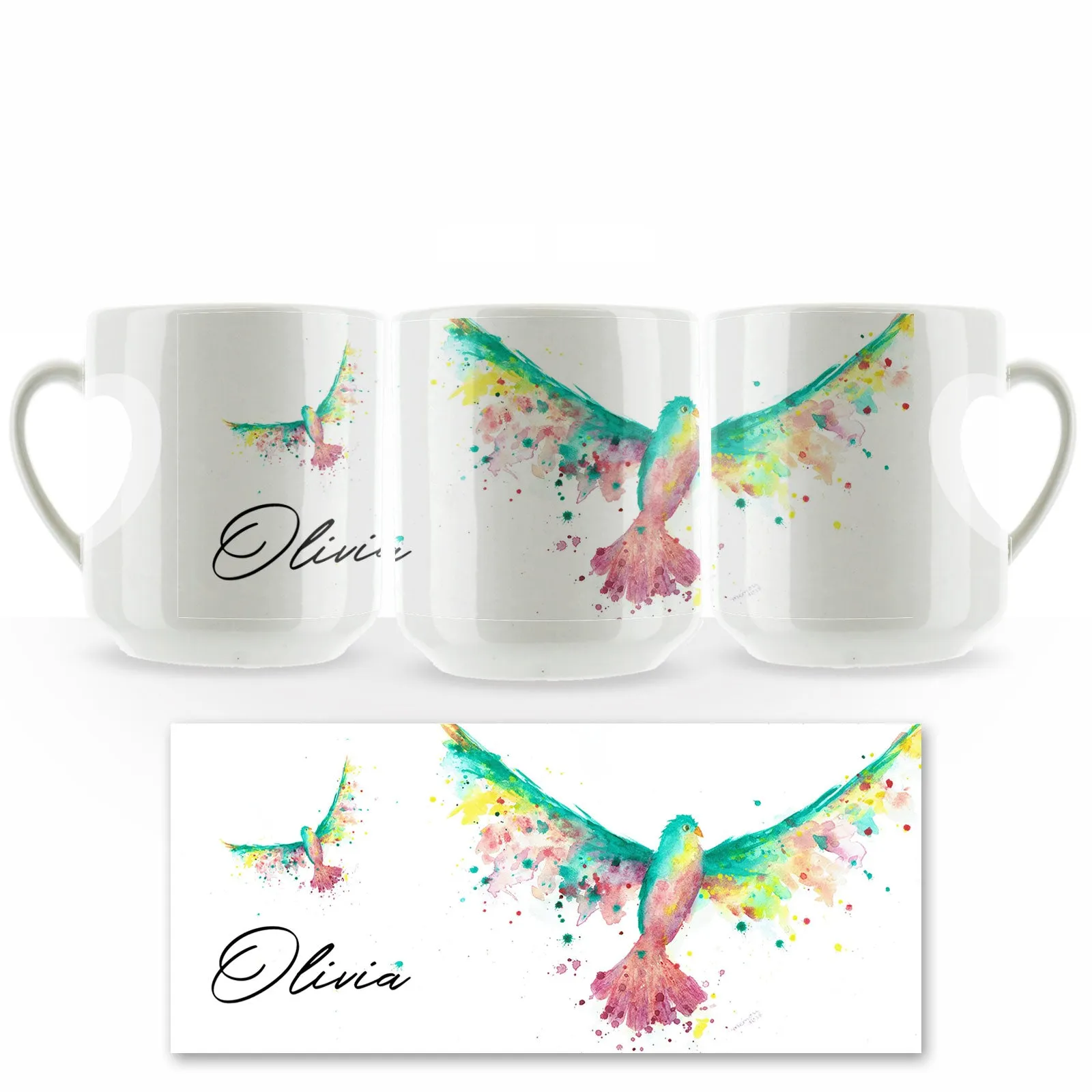 Personalised Mug with Stylish Text and Rainbow Bird