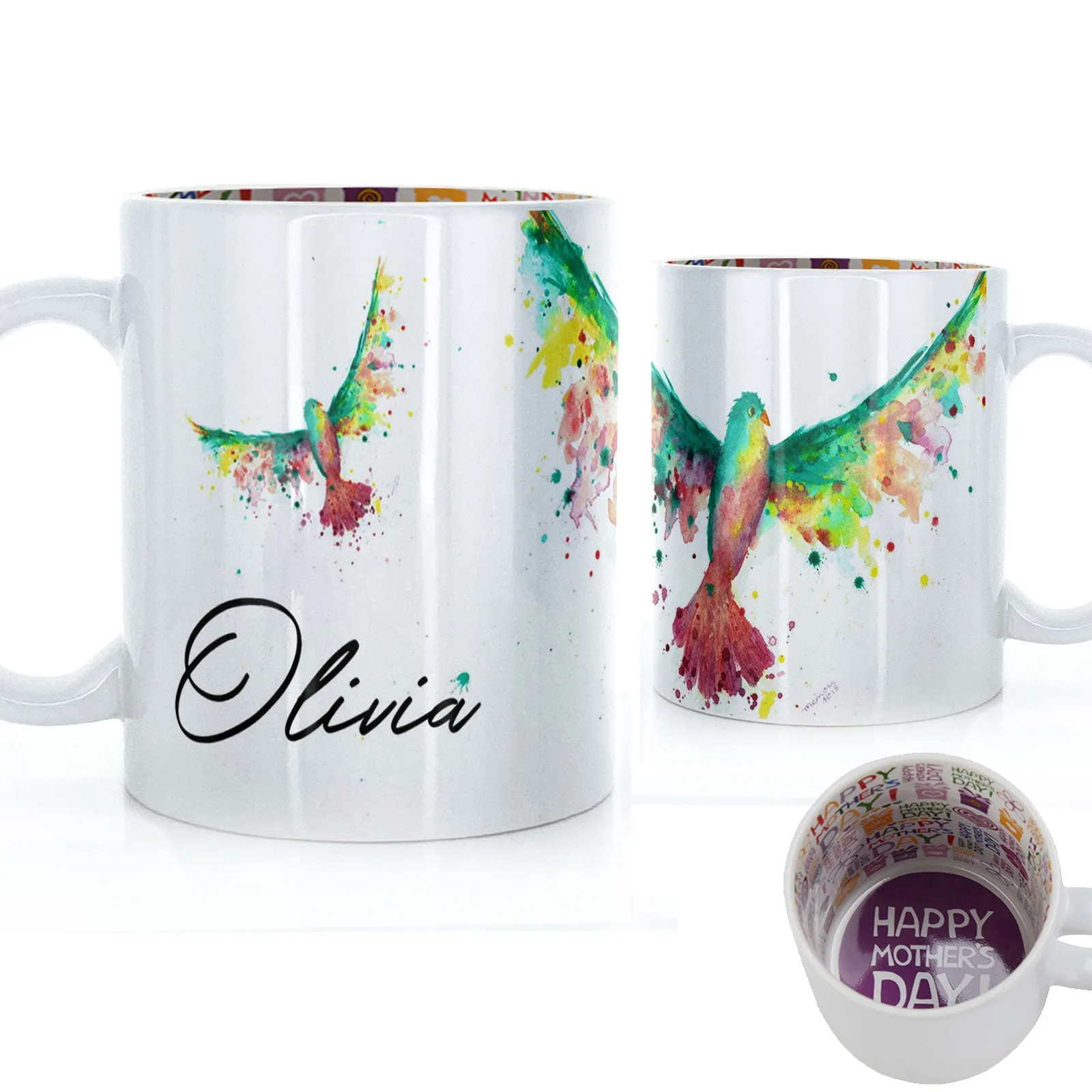 Personalised Mug with Stylish Text and Rainbow Bird
