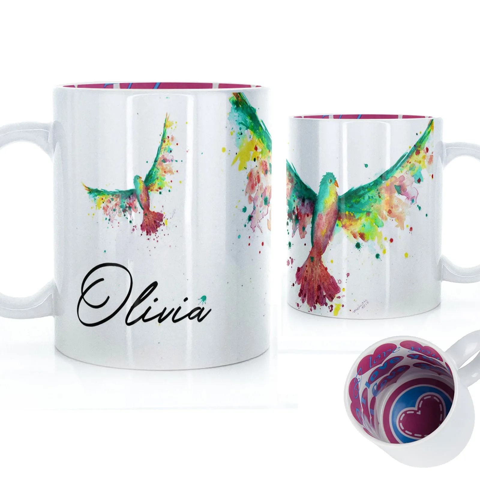 Personalised Mug with Stylish Text and Rainbow Bird