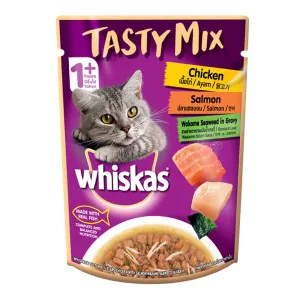 Whiskas, Adult (1  year) Tasty Mix Wet Cat Food Made With Real Fish, Chicken With Salmon Wakame Seaweed in Gravy - 70g Pouch