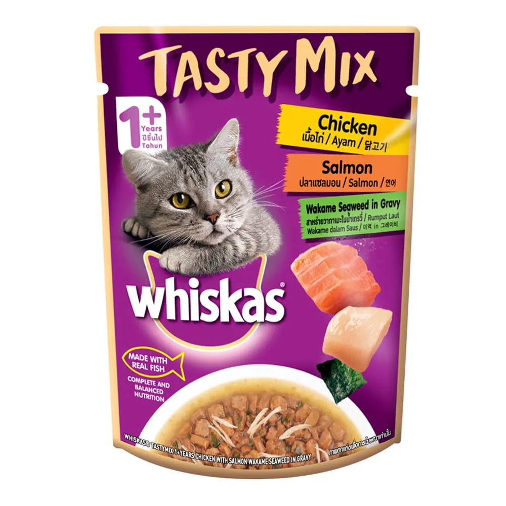 Whiskas, Adult (1  year) Tasty Mix Wet Cat Food Made With Real Fish, Chicken With Salmon Wakame Seaweed in Gravy - 70g Pouch